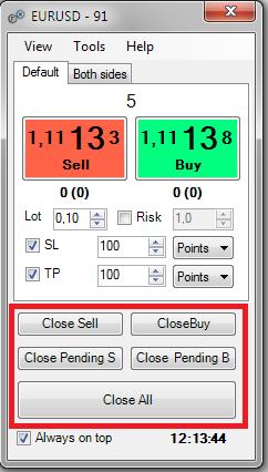 Closing panel The panel is responsible for closing various types of positions. It is possible to close all Sell, Buy, Pending Sell, Pending buy and all orders.
