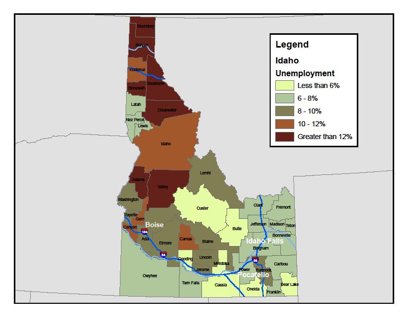 Unemployment rates in Idaho vary by county