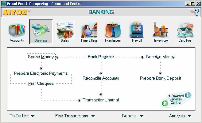 Spending Money Chapter 6 The Banking module is very useful in MYOB. Many businesses use the Banking module for all their financial transactions, without ever using the Sales or Purchases area.