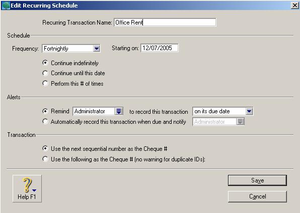 Spend Money 6 The Save Recurring Transaction dialogue box shown below is used to record a name for the values entered on the cheque. The default setting is for a monthly transaction.