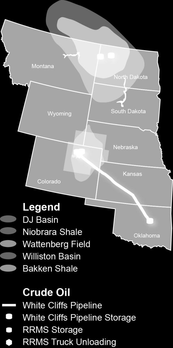 pipeline from DJ Basin to Cushing 230,000 barrels of storage capacity Platteville Facility White Cliffs Pipeline White Cliffs Pipeline