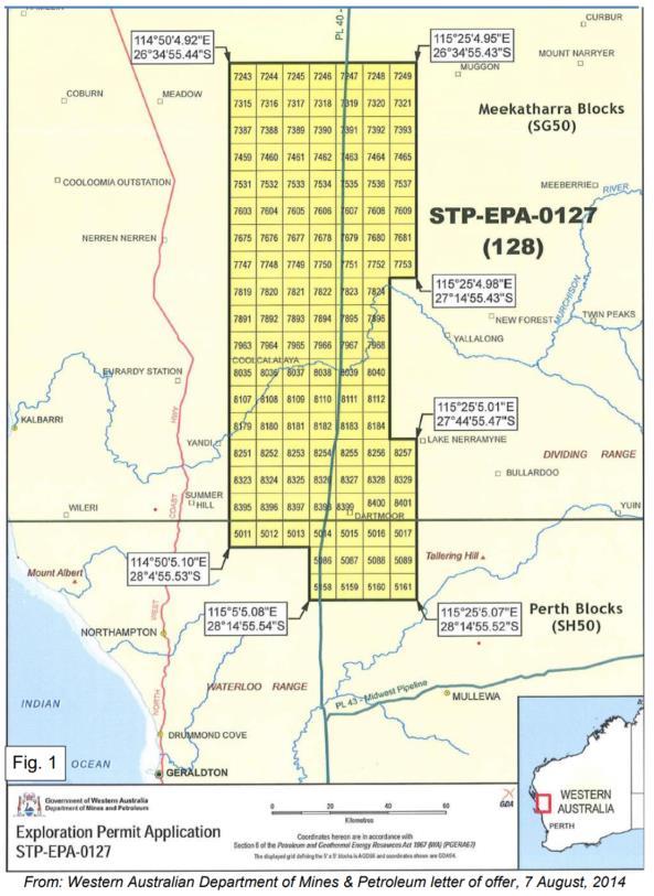 North Perth Basin STP-EPA-0127 Final revised application area (blue blocks deleted) is roughly 185km long and about 55km wide and covers approximately 9,000 square kilometres Contains up to 9000m of