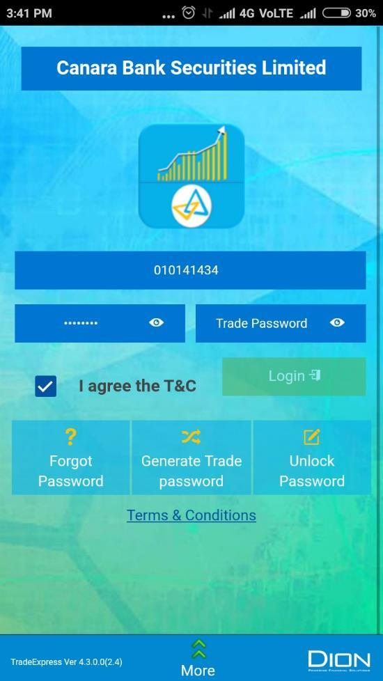 Fig. Login page picture Login Screen: Enter your login Id (0101xxxxx) (9 digit number) Enter your password (Login Password) Click on Generate Trade Password button to generate your daily trade