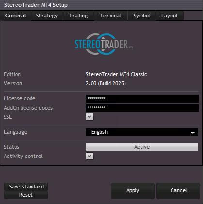 9. Setup StereoTrader uses an internal setup for the most important settings for a quick access. This internal setup works also during History Trading with the strategy tester of MetaTrader 4.