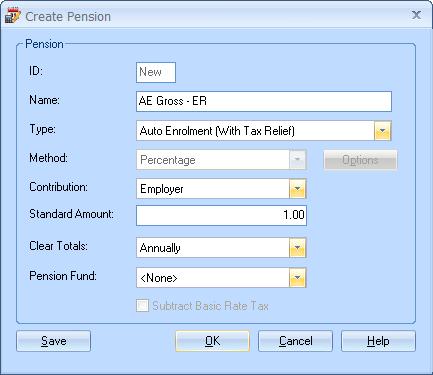 4. In the Type field select Auto Enrolment (With Tax Relief) 5. In the Contribution field, select Employer 6. Enter a Standard amount, to set an 7.