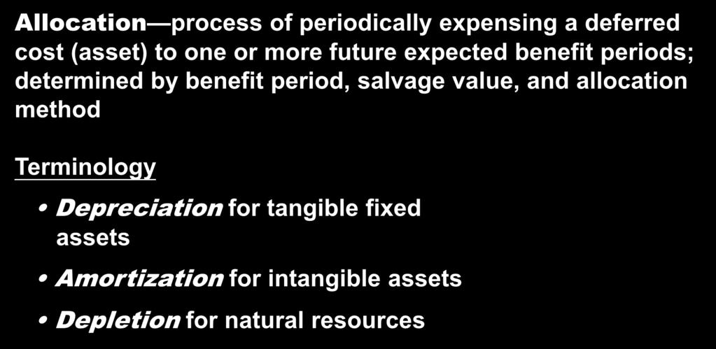 24 Long-Lived Asset Introduction Allocation process of periodically expensing a deferred cost (asset) to one or more future expected benefit periods; determined by benefit