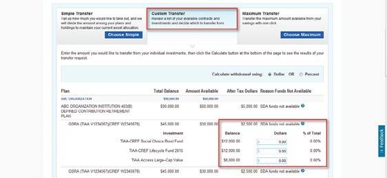 Step 4B: Choose Custom Transfer and fill in specific amounts next to the investment options you want to use.