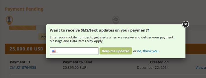 You can enter your mobile phone at the prompt if you would like to receive payment status updates via text. If you do not want to receive text updates click the no thank you link.