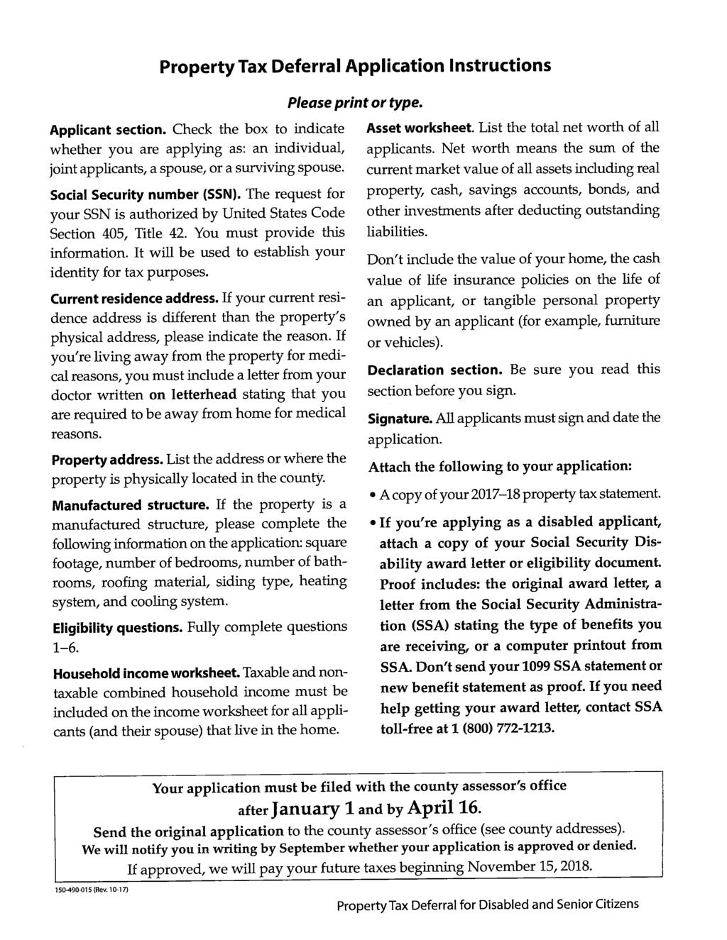 Property Tax Deferral Application Instructions Please print or type. Applicant section.