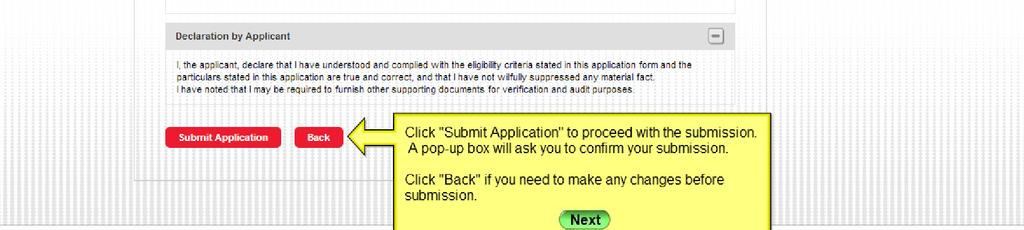 19. Click Submit Application to proceed with the submission. If you need to make any change, press Back to edit.