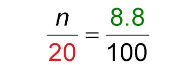 Find the Part What number is 8.8% of 20? The percent is 8.8, and the whole is 20. Let n represent the part.