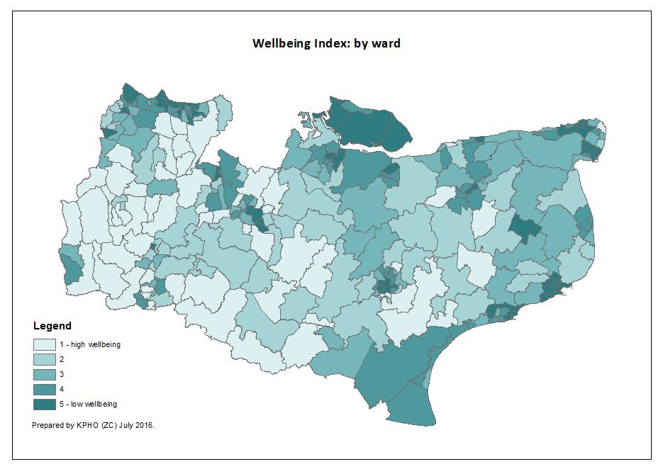 The map below provides a geographic summary of the overall Kent Mental Health & Wellbeing Index scores.