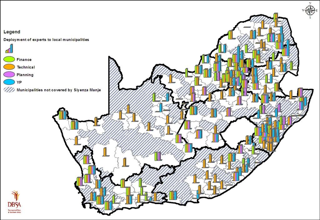 National distribution of municipalities supported by Siyenza Manje 126 municipalities on