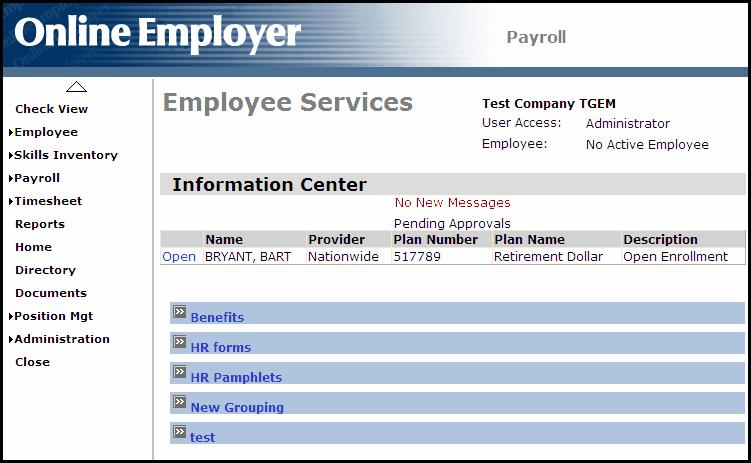 Benefits Module 19 activated in PayChoice Online for the employee contributions. To approve the Benefit Plan changes, the Administrator logs into the company under Employee Services.