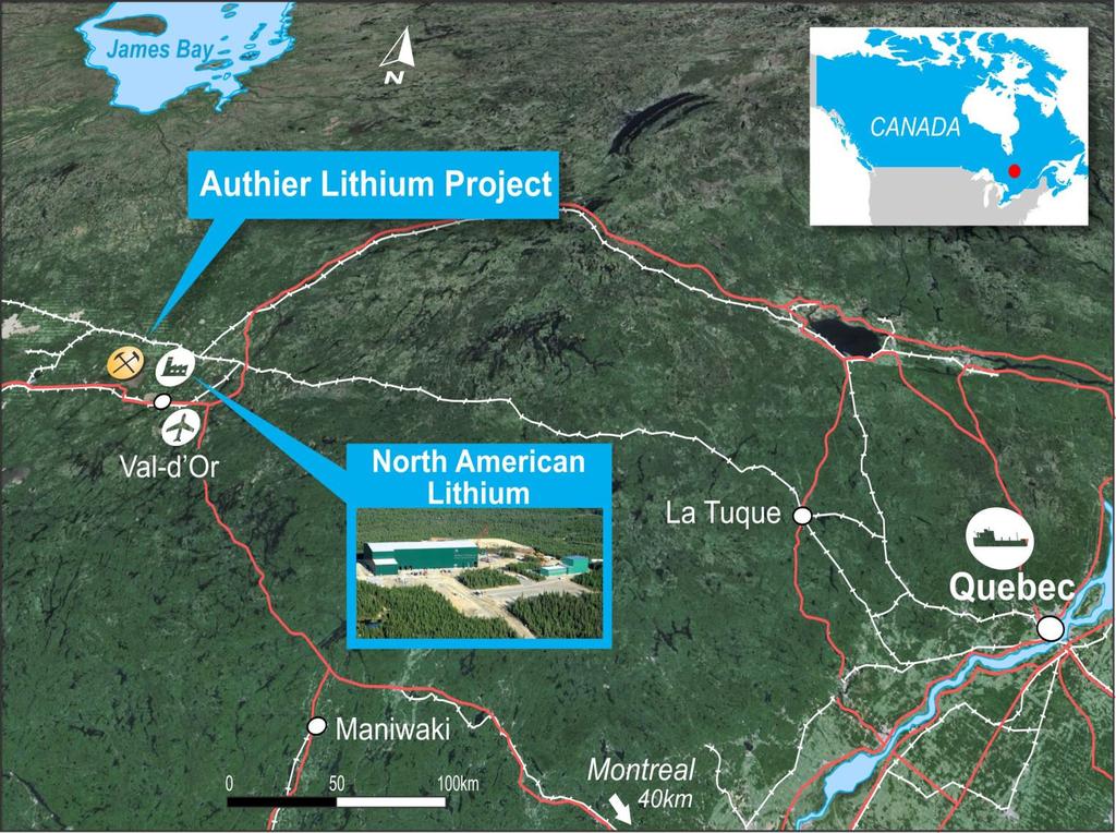 Authier Lithium Project Located 45km from Val d Or in Quebec, Montreal (500km SE) Located in established mining district 100% owned