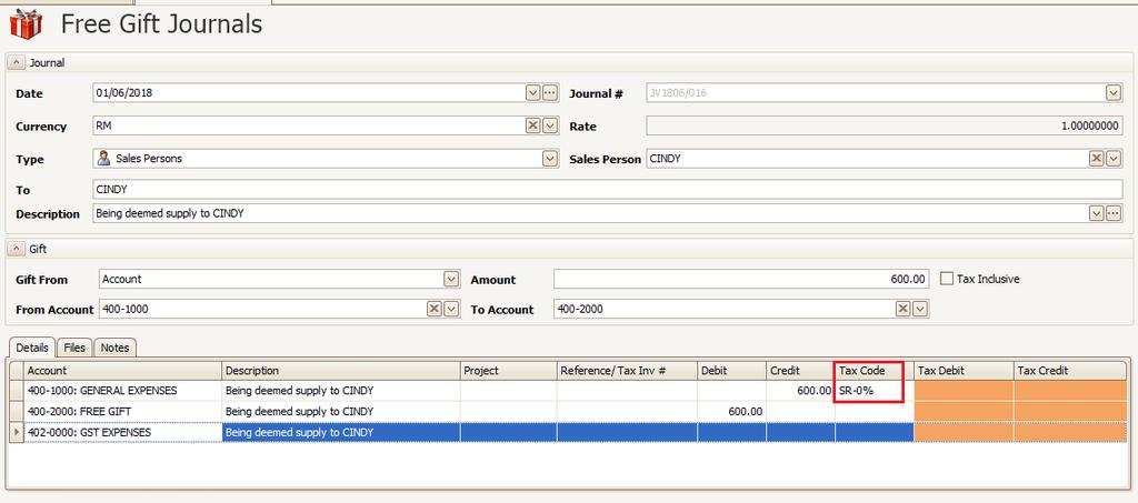 11. For users who are using Free Gift Journal, Tax code SR-0% is ready to select Doc No : 1 Page No: 10 of 10 12.