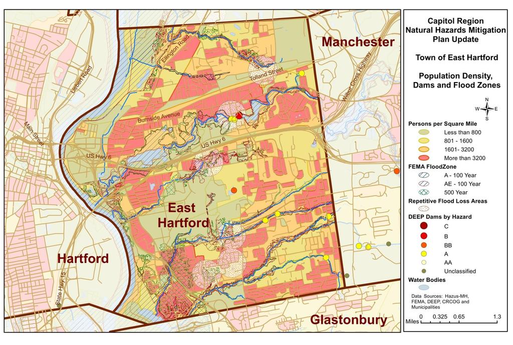 Map 22: East Hartford Population Density, Dams and Flood Zones