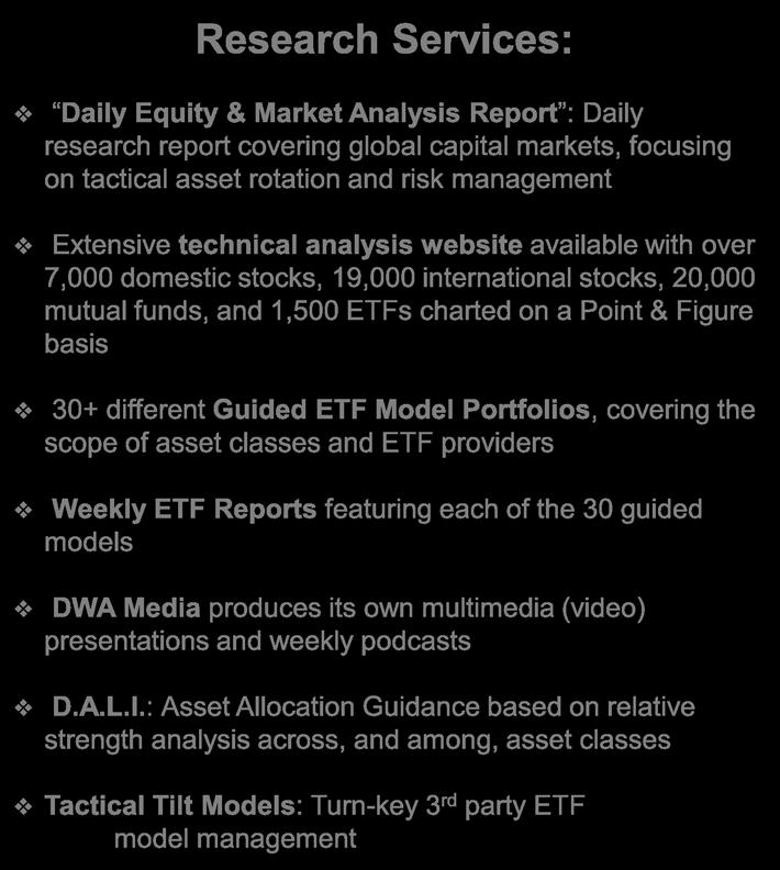 different Guided ETF Model Portfolios, covering the scope of asset classes and ETF providers Weekly ETF Reports featuring each of the 30 guided models DWA Media produces its own multimedia (video)