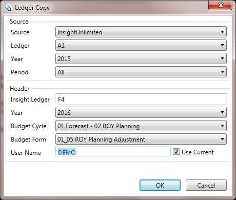 The Copy button is used to bulk copy data either from one or more JD Edwards ledgers or one or more pre-existing Reporting Ledgers into a new Reporting Ledger.