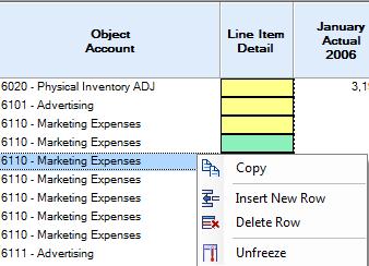 5) To add/delete a row for line item detail budgeting, you right-click anywhere on the