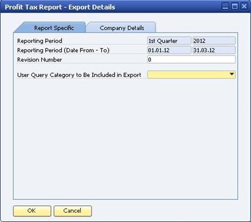 Solution Using User Query Upon creating an electronic file of the profit tax report, you can apply the user query category, which is then included in the electronic report file.