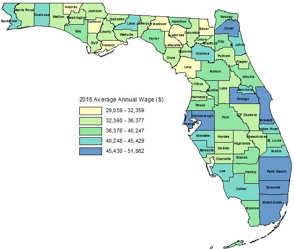 Average Annual Wage by County Florida s average annual wage has typically been below the US average. The preliminary data for the 2016 calendar year showed that it improved from the prior year to 87.