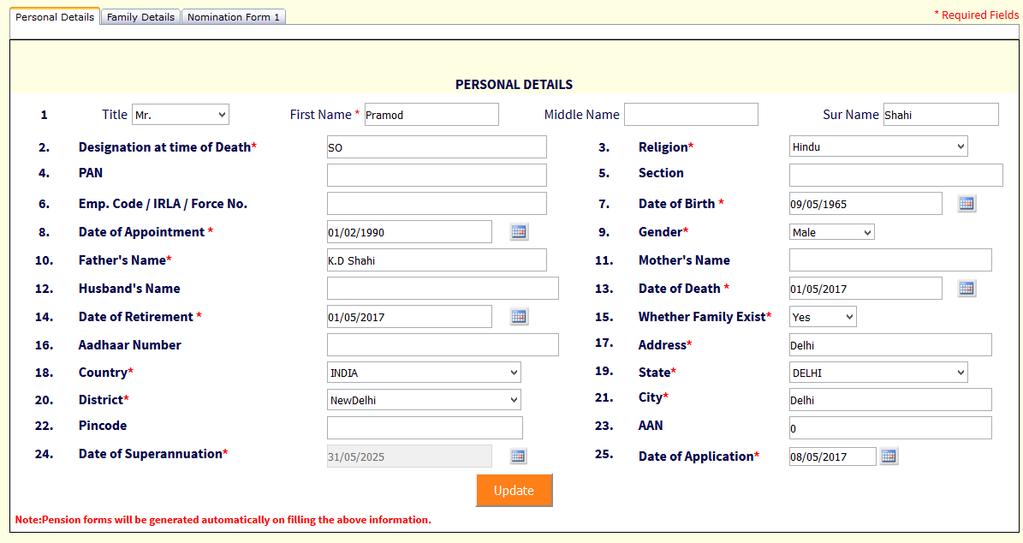 PERSONAL DETAILS 8 9 Step 8: In Personal Details tab fill the retiree