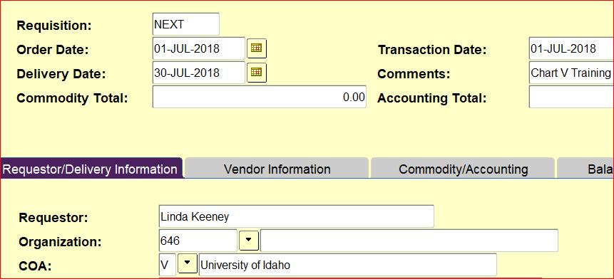 REQUISITION FPAREQN Important Steps to Follow: Enter the date as July 1, 2018 Change the Chart of Accounts to
