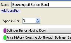 Step 10 Set the Span in Bars field to 3. Name the sequence condition Bouncing off Bottom Band. Click OK.