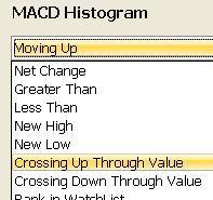Creating a Condition for the MACD Histogram crossing up through the value of zero allows sorting for stocks that were below zero but are above zero on the current bar.