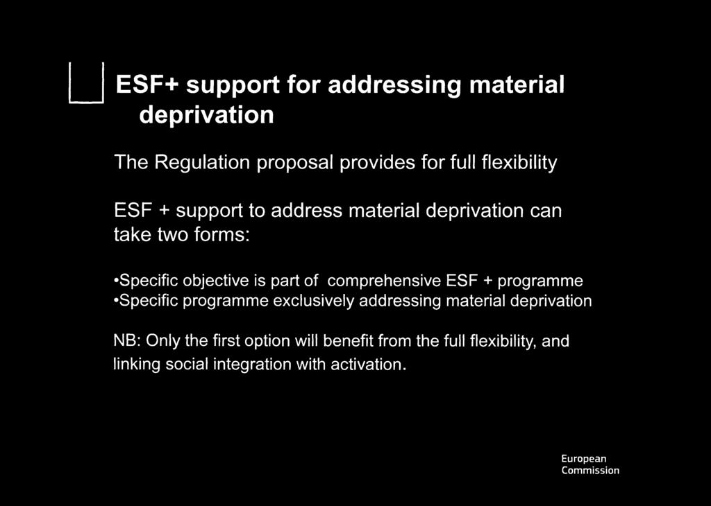 ESF+ support for addressing material deprivation The Regulation proposal provides for full flexibility ESF + support to address material deprivation can take two forms: Specific objective is part of