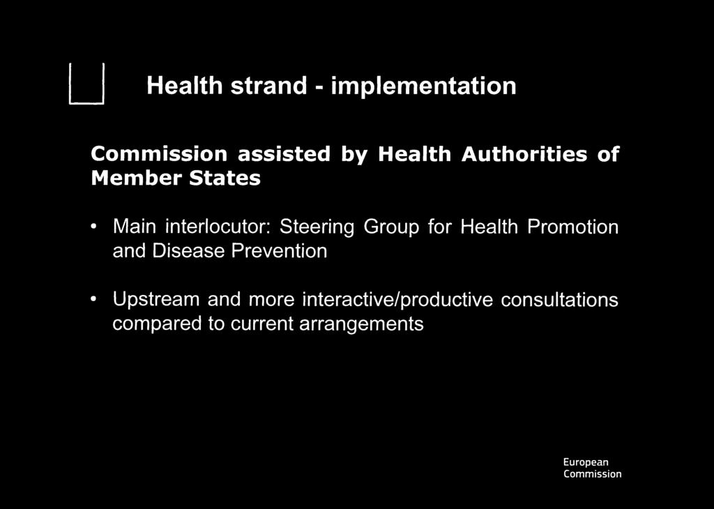 Health strand - implementation assisted by Health Authorities of Member States Main interlocutor: Steering Group for