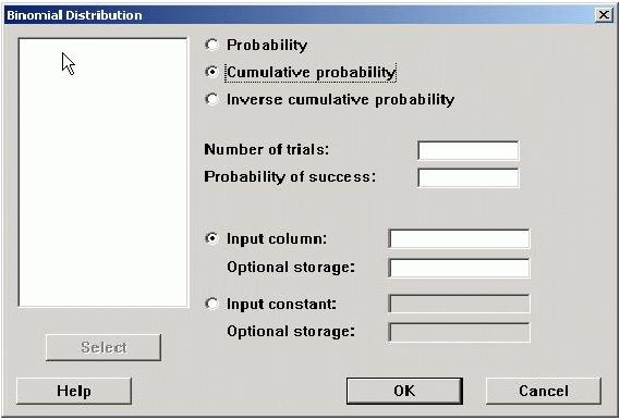 Fortunately, binomial probabilities can be found in sets of Statistical Tables or calculated using MINITAB. Probabilities of binomial events can be calculated in MINITAB as follows.