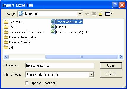 Importing from Excel Generating Research Mode Reports 3. In the Import Excel File window, select the file you wish to import and click the Open button.