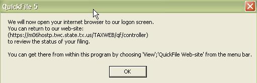 The following prompt indicates the user will be redirected to the TWC QuickFile login screen.