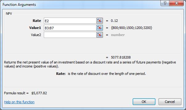 The range B3:B7 contains the values of the cash flows for Year 1 through Year 5 because the NPV function programmed into the spreadsheet computes the present value of the future cash flows only.