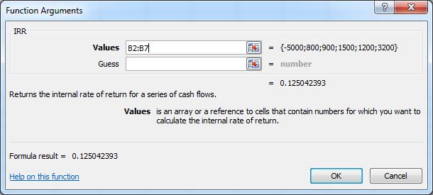 The range B2:B7 contains the values of all the cash flows for the project, including the initial investment contained in cell B2. When you click OK, the answer, 12.50%, will appear in cell D5.