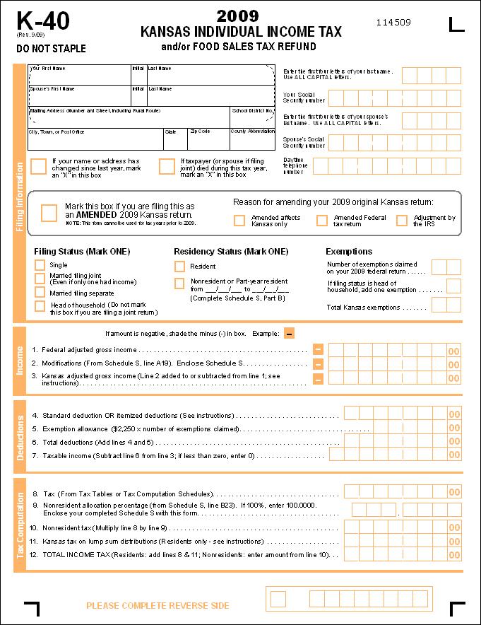 The following is a picture of the 2009 Kansas Individual Income Tax Return. It is intended for informational purposes only and is not to be used for filing your tax return.