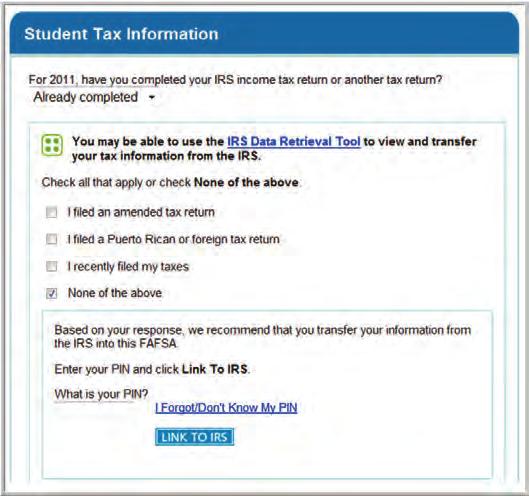 to transfer the data. Prior to linking to the IRS site, tax filers must provide their FSA PIN.