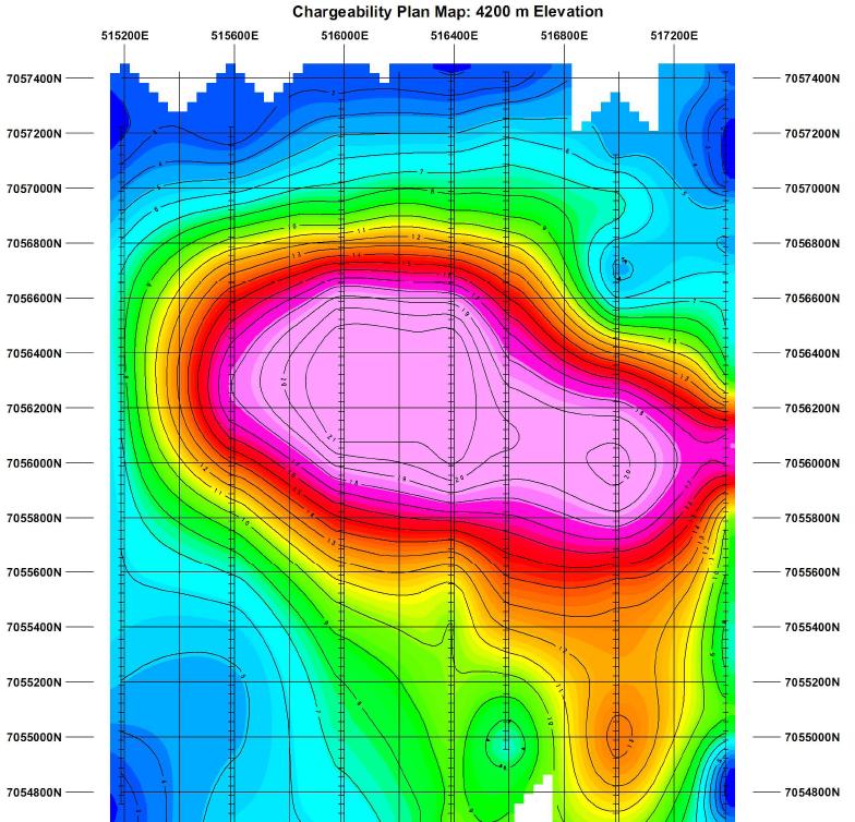 La Falda IP Plan of Chargeability at 4200 m Elevn. An Induced Polarisation (IP) survey has revealed a 2.