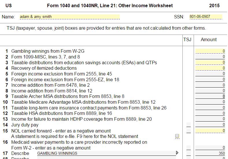 Other Income Gambling Winnings Click on the Form 1040 Line 21 type or amount to link to Other Income Worksheet for 1040 Line 21 5000 Link from Line 1 of Other Income Worksheet to Form W-2G If no