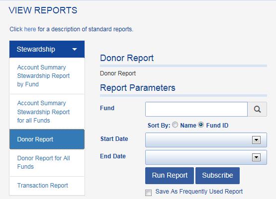 Donor Report: Shows fund purpose and performance for a single fund. This report can be customized to include a logo and footnotes.