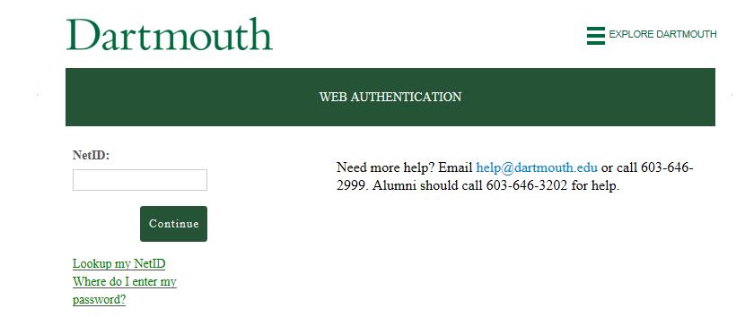 The Dartmouth web authentication page will come up.