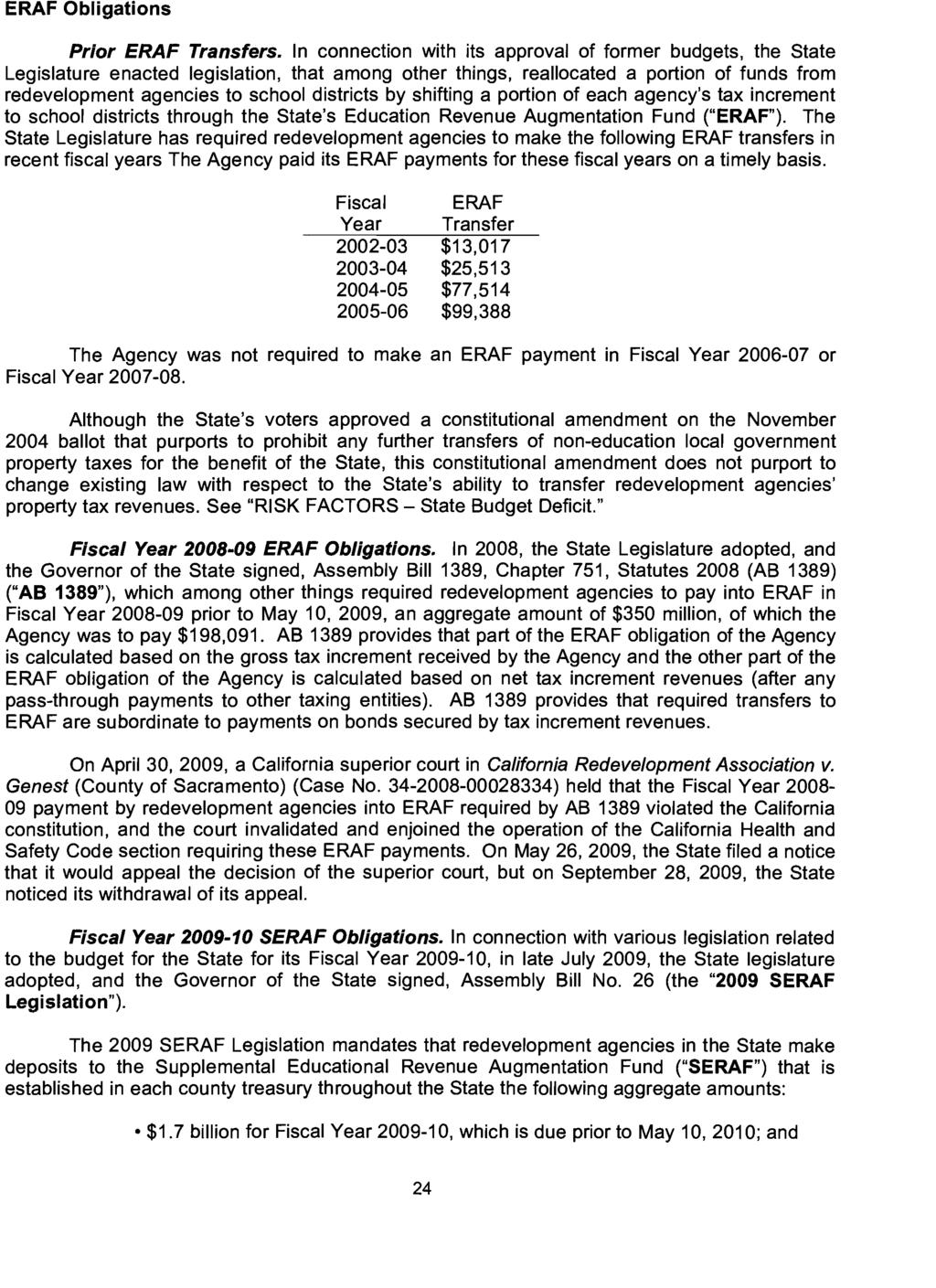 ERAF Obligations Prior ERAF Transfers.