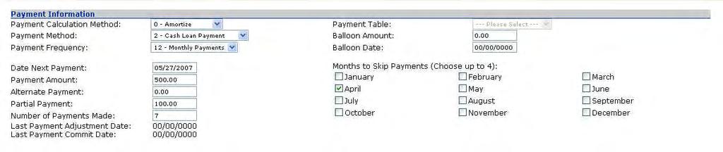 In this example, the member wants to skip the April 2007 payment; the Date Next Payment for this loan is 03/27/2007, therefore, the user may select the month of April.