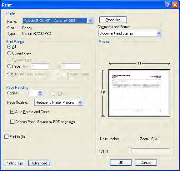 The Adobe Reader window displays: (3) Click on the Print icon to advance to the Print dialog box.