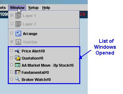 AASTOCKS.com LIMITED Page 48 of 57 9.2 Window Setting Menu Window Setting Menu assists you to arrange your windows in MIE. Figure 9.2.1 Window Setting Menu (a) You can minimize or restore all the windows opened in MIE by clicking on [ ] icon.