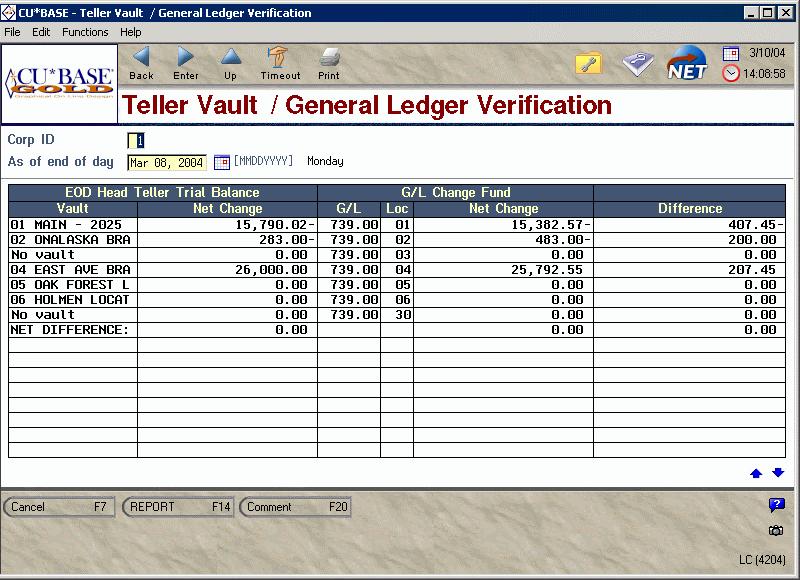 Page 13 of 13 Vault Balancing Tool A new inquiry tool has been added to the General Ledger menu (MNGELE #12) that compares daily changes to the Change Fund G/L from the teller system to daily changes