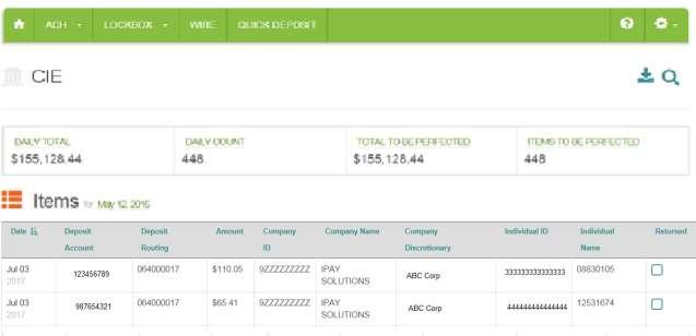 ACH/CIE DASHBOARD An example of the ACH/CIE summary payment screen is shown below: An example of