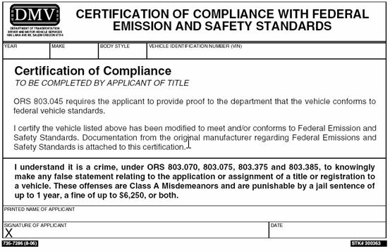 Example of CERTIFICATION OF COMPLIANCE WITH FEDERAL EMISSION